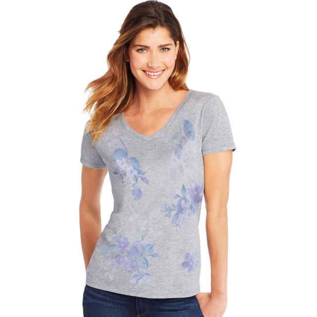 Hanes T-Shirt à Manches Courtes Col en V pour Femmes, m, Floral Placé MessageLight Acier