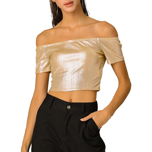 INSPIRE CHIC Women's Metallic Shiny Party Off Shoulder Crop Top