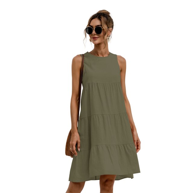 Nouvelle Robe Ligne A Unie pour Femmes Design Patchwork Col Rond Mode Urbaine Sans Manches Taille Mi-Haute Décontractée Robe Mini Ample