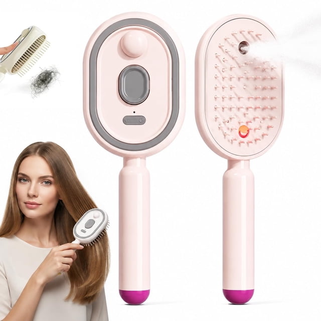Rechargeable Electric Steam Hair Brush with 10ML Refillable Water Tank, Red Light Scalp Care Detangling Comb, Retractable Design for Frizz Control (White)