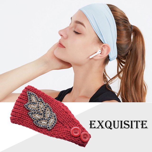 Crochet Headbands Winter Leaves Pattern with Rhinestones Elastic Head Protector Wide Warm Chunky Hair Accessories for Girls Jujube red