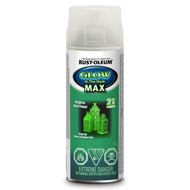 Rust-oleum Peinture en Aérosol Max Phosphorescente avec Capuchon Blanc et Étiquette Verte, Offrant une Puissance d'Éclat Plus Vive et une Peinture latex Lumineuse à Séchage Rapide Convenant aux surfaces en Bois, en Métal, en Plâtre et en Maçonnerie, Idéale pour une Utilisation Intérieure et Extérieure avec Avertissements d'Inflammabilité en danger Extrême.