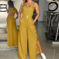 thumbnail image 5 of B91xZ Combinaison Large pour Femmes Col Rond Décontracté Dos Ouvert Été Pantalons Longs Amples avec Poches, Jaune S, 5 of 5