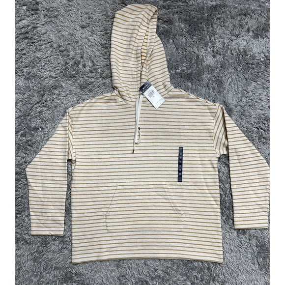 Women's Chaps Striped Drawstring Kangaroo Pocket Long Sleeve Hoodie Sz M golden