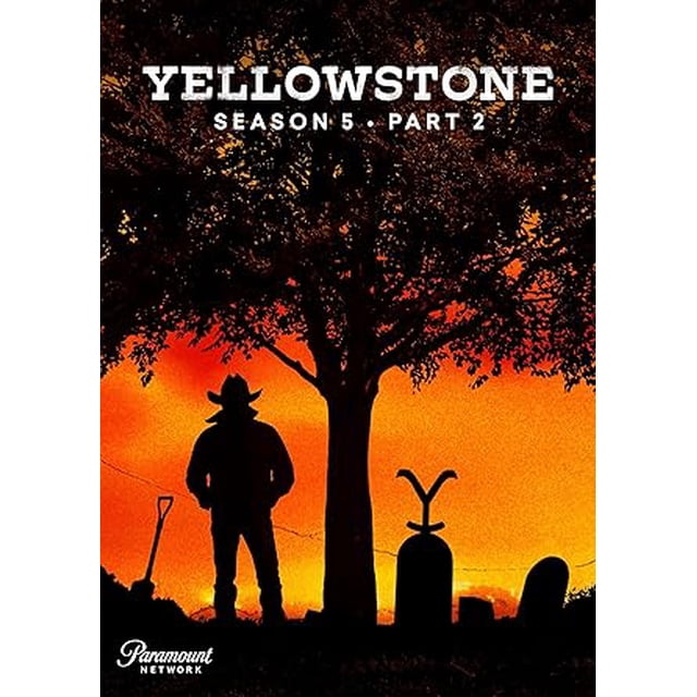 Yellowstone: Saison Cinq, Deuxième Partie (DVD), Mettant en Vedette un cowboy Silhouette Debout sous un Arbre contre un Coucher de Soleil orange Vif. le Texte « Yellowstone Saison 5 Partie 2 » Est Affiché de Façon Bien en Vedette en Haut. le logo du Réseau Paramount Est visible dans le Coin Inférieur Gauche. Ce DVD Comprend les six Épisodes Finaux de la Saison 5, Mettant en Vedette Kevin Costner, Jefferson White, Cole Hauser et Autres, Ainsi Que du Contenu bonus