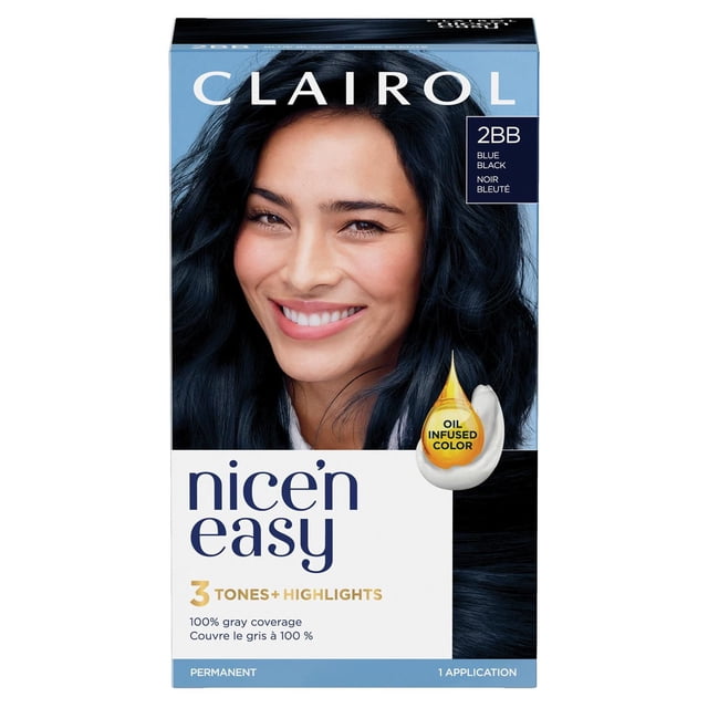 Clairol Nice'n Easy Permanent Hair Dye in 2BB Blue Black shade, featuring a box with dark blue hair showing 3 tones and highlights, oil infused color, 100% gray coverage, and one application permanent formula.