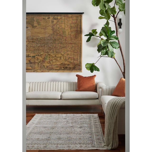 ECARPET Zaina Traditional Area Rug in grey with muted warm Turkish-inspired patterns, placed on hardwood floor in a living room with a cream channel-tufted sofa, rust-colored pillows, a knitted throw, a fiddle leaf fig plant, and a vintage New York map on the white wall.
