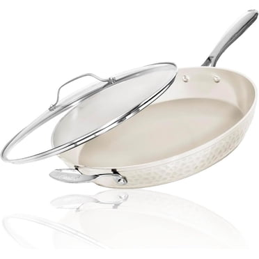 Gotham Steel Hammered Cream 14 inch Ceramic Nonstick Induction Oven Dishwasher Safe Fry Pan with Lid