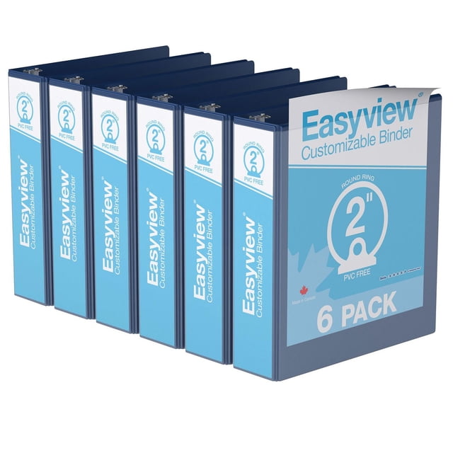 Davis Group Easyview Premium round ring customizable view binder 6 pack, 2 inch, shown in a front angled view with six blue binders featuring clear overlay on front, spine, and back covers, PVC free polypropylene material, made in Canada, ideal for organizing presentations, manuals, and reports with back-mounted rings for pages to lie flat.