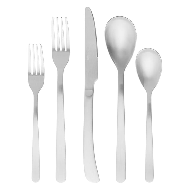 Thyme & Table 40-Piece Royal Stainless Steel Flatware Set with five pieces displayed: salad fork, dinner fork, serrated knife, tablespoon, and teaspoon, all featuring a brushed stainless steel finish and a timeless design suitable for elevating any dining experience or table setting.