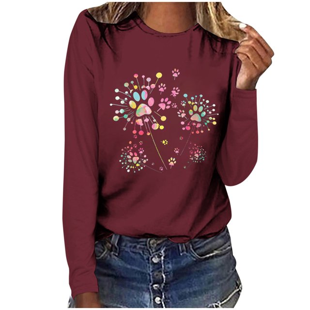 Pisexur Hauts d'Automne pour Femmes Mode Mignon T-Shirt Imprimé Graphique Hauts Col Rond Manches Longues Chemises pour Femmes Habillées Décontractées Sorties Hauts Confort Polyvalents Légers T-Shirts
