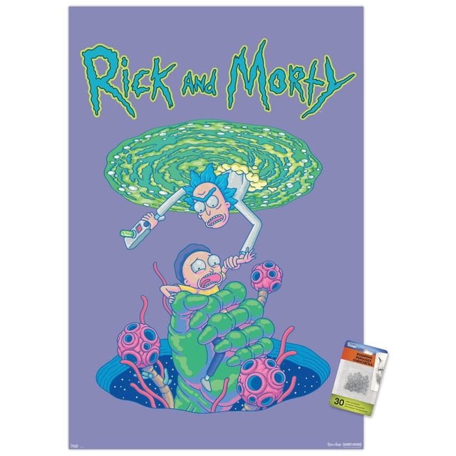 Rick And Morty - Portal Fall Wall Poster, 22.375" x 34" featuring Rick reaching through a green swirling portal holding a device to grab Morty trapped in a large green alien hand with pink alien plants on a purple background, printed on glossy poster paper suitable for home décor and wall art.