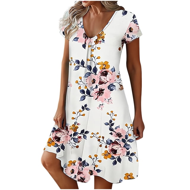 Robe d'Été pour Femmes Aguichant Mode Femmes Décontractée Aguichant à Col en V Imprimée Robe d'Été à Manches Courtes. Cette Robe Légère en polyester Présente une base Blanche avec des Imprimés Floraux Vibrants en Rose, Jaune et Bleu. Conçue avec un Col en V, des Manches Courtes et une silhouette Fluide, Elle Est Idéale pour les Sorties Décontractées, les Fêtes Ou les Vacances pendant l'Été et le Printemps.