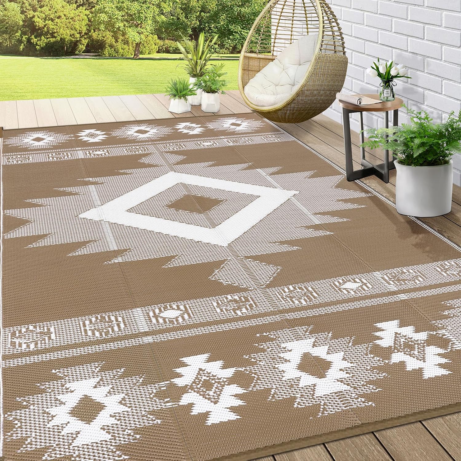 Findosom Tapis d'Extérieur Imperméable 9'x12 Pieds, Tapis de Paille en Plastique Pliable Réversible, Grand Tapis de Patio pour Extérieur, RV, Patio, Arrière-Cour, Terrasse, Pique-Nique, Plage, Camping Marron