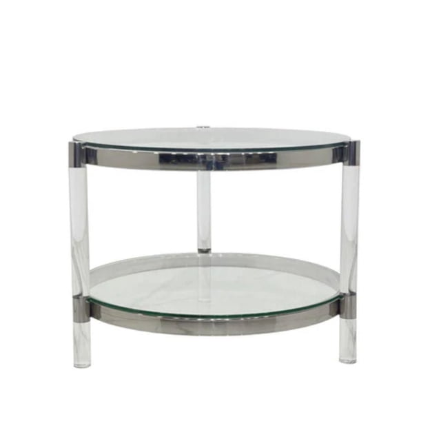 Funke Side Table in Silver with tempered glass, acrylic, and steel