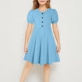 thumbnail image 2 of Milgrthf Robe d'Été pour Filles Enfants Col Rond Manches Bouffantes Ligne A Bouton Évasée Fluide Patineuse Tournoyante Mini Robes 5-15 Ans Bleu Clair, 2 of 8