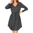thumbnail image 2 of Pompotops Femmes Casual Couleur Unie V-Cou de la Mode à Manches Longues Bouton Robe Ceinture, 2 of 4