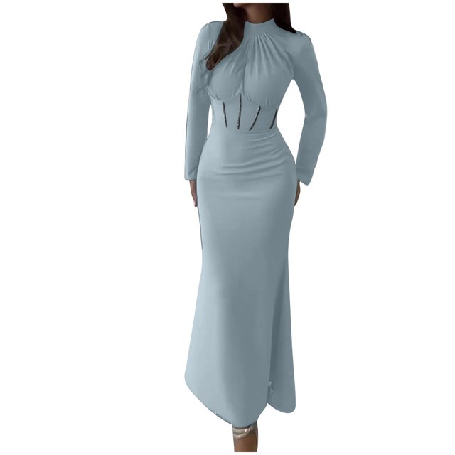 Pisexur Robes de Cocktail pour Femmes 2024 à Manches Longues à Col Rond Robe de Soirée Robe de Fête Mode Moulante Couleur Unie Robe Maxi Élégante Robe d'Invitée de Mariage Robes Plissées pour le Retour à la Maison