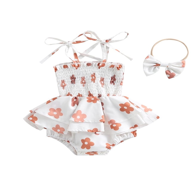 Infant Baby Girl Dress Sleeveless Spaghetti Strap Ruffle Romper Dress Set Summer Floral Bodysuit 3-6 Months