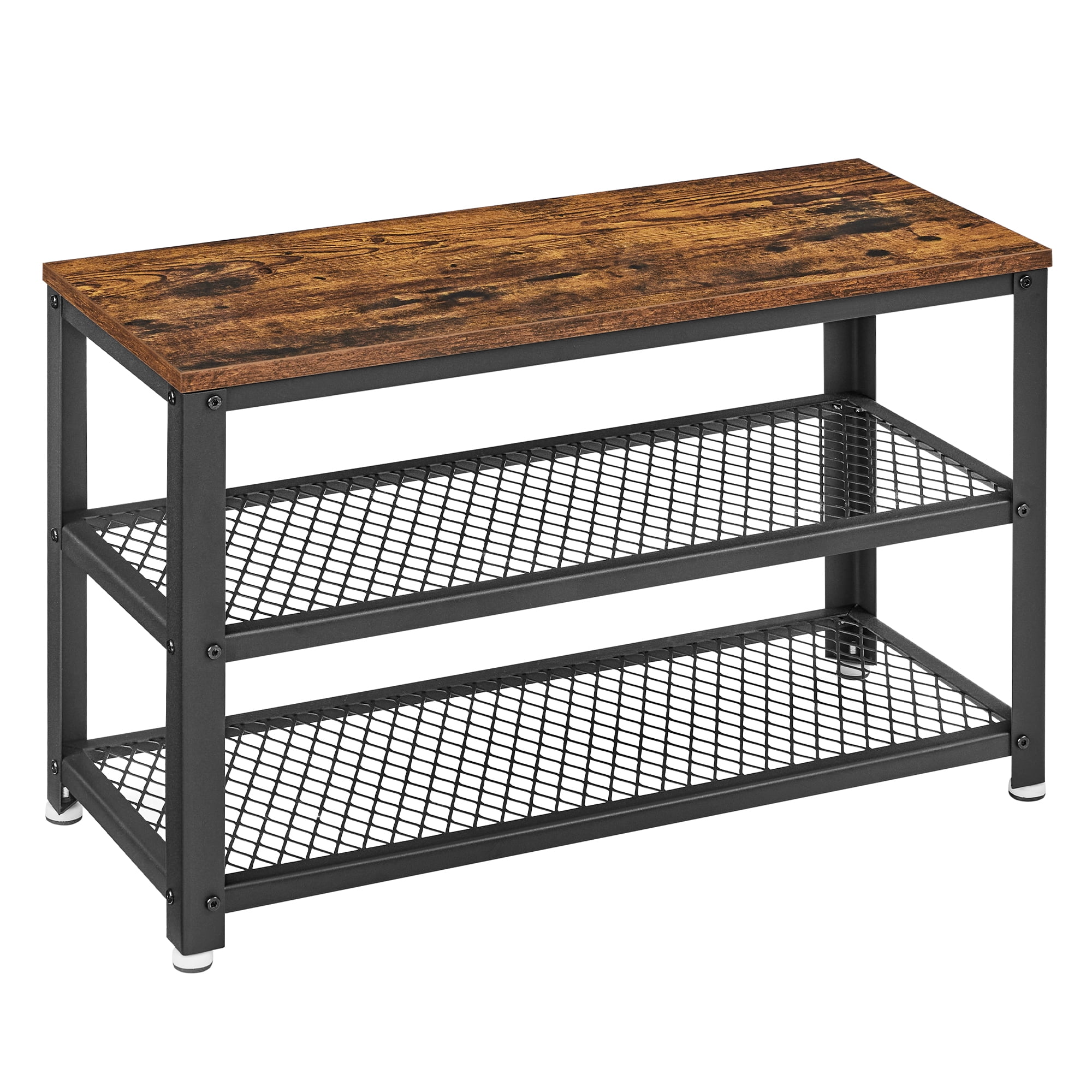 SONGMICS HOME 3-Tier Shoe Rack Bench, 28.7" W x 11.8" D x 17.7" H – Freestanding Entryway Organizer with Metal Mesh Shelves and Seat, Rustic Brown & Black