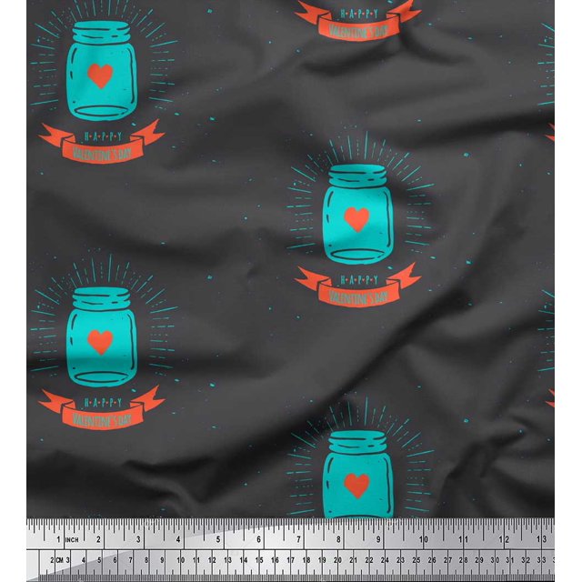 Soimoi Green Poly Georgette Fabric Jar & Happy Valentine Day Text Print Sewing Fabric Yard 52 Inch Wide