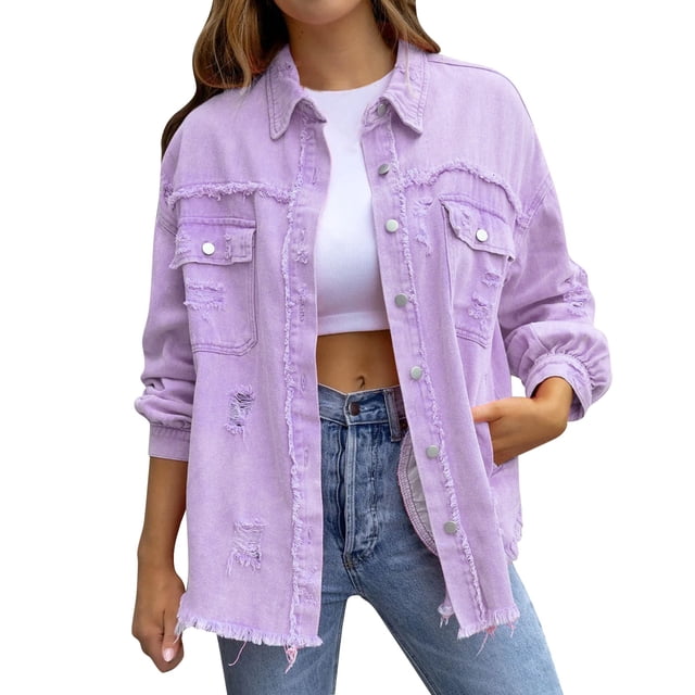SHIXIAOO Women's Ripped Oversized Denim Jacket Casual Long Boyfriend Distressed Denim Jacket Womens Jackets Fall Casual Button down Button Jean Womens Summer Jackets Denim Jacket Lightweight Fringe