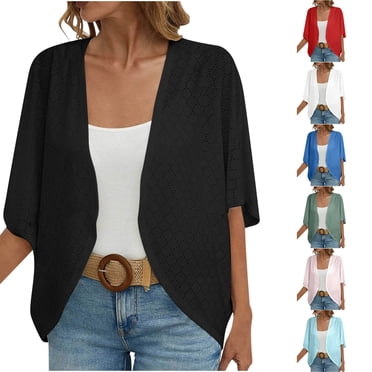 Fall Savings!Shrugs For Women Cropped,Womens Summer Cardigan Shrug,2024 Women Lightweight Open Front Cardigan Shrugs Short Sleeve Sweater Outwear Fashion Women Summer 3/4 Sleeve Cardigan Blouse Tops