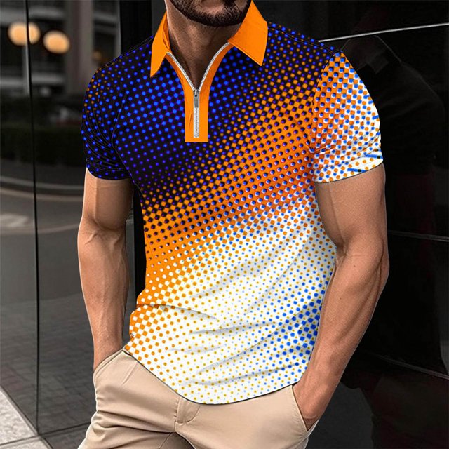 Chemises pour Hommes Décontractées Imprimées Manches Courtes Col Rabattu Fermeture à Glissière T-Shirt Blouse Tops