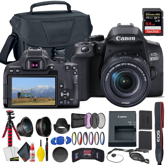 Canon EOS 850D / Rebel T8i DSLR Camera with 18-55mm Lens Bundle with Extra Battery, Filters, Camera Bag, 64GB Card, and Cleaning Kit (International Model)