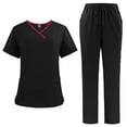 thumbnail image 1 of Ensemble de Sarrau Jogger 2 Pcs pour Femmes, Uniformes d'Infirmière Classiques et Tendance, Hauts à Manches Courtes à Encolure Croisée et Pantalons, Uniforme Médical, Noir, P, 1 of 3