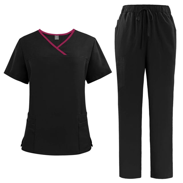Ensemble de Sarrau Jogger 2 Pcs pour Femmes, Uniformes d'Infirmière Classiques et Tendance, Hauts à Manches Courtes à Encolure Croisée et Pantalons, Uniforme Médical, Noir, P