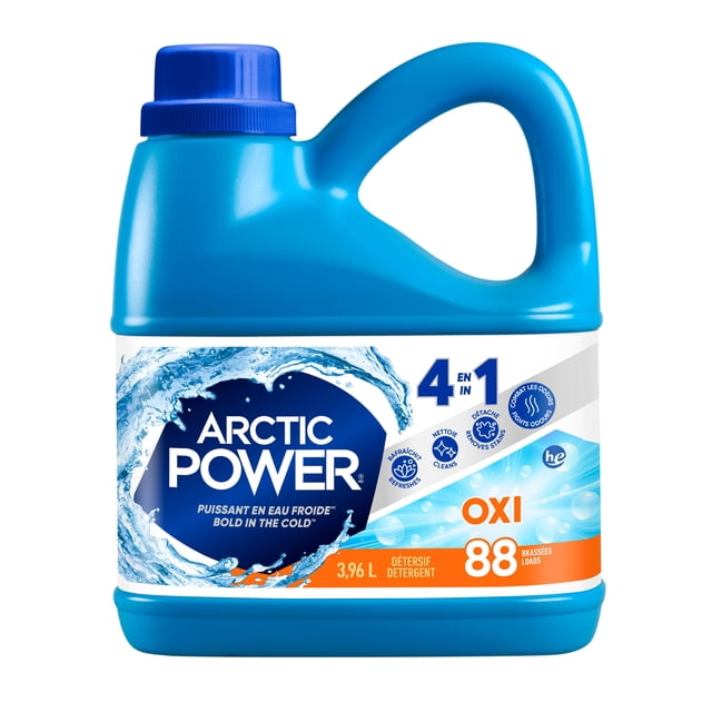 Arctic Power Détergent Liquide OXI clean 3,96 L dans une Pichet en Plastique Bleu avec Poignée et Bouchon à Vis, avec une Étiquette avec Graphiques d'Éclaboussures d'Eau et Formule 4-en-1 Qui Rafraîchit, Nettoie, Enlève les Taches et Combat les Odeurs, compatible avec HE et les Laveuses standard, Offrant 88 Brassées, Idéal pour la Lessive à l'Eau Froide.