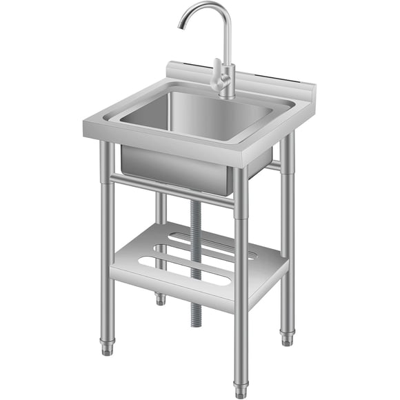 Évier Utilitaire Autoportant en Acier Inoxydable 18x14x31 Po, Bol Simple, Bassine Commerciale avec Tuyau d'Eau Chaude et Froide, Rangement sous Tablette pour Cuisine, Buanderie, Garage, Intérieurx