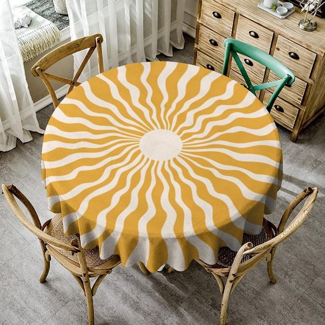Nappe Soleil Soleil, Housse de Table Imprimée Coucher de Soleil Rétro Hippie Abstrait pour Maison Cuisine Salle à Manger Fête Patio Intérieur Extérieur, Ronde (60x60 Po)