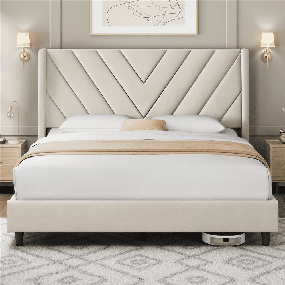 FullFurnique Upholstered Platform Bed Frame with Wooden Slat Support, Queen, Beige
