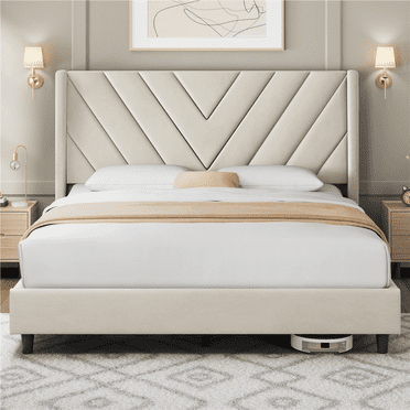 FullFurnique Upholstered Platform Bed Frame with Wooden Slat Support, Queen, Beige