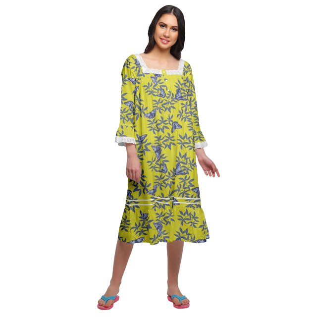 Moomaya Robe de Nuit en Coton à Manches Longues à Encolure Carrée Imprimée pour Femmes