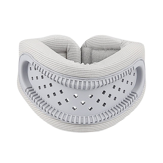 EGNMCR Household Neck Protector Antibowing Neck Brace Traction Fixed Cervical Vertebra Support Neck Support Protector. The image shows a grey neck brace with a 3D ergonomic design, featuring perforations for breathability and a soft, padded interior for comfort. Designed to provide neck support, pain relief, and improved posture, it is adjustable for a secure fit. Made with eco-friendly sponges and breathable fabric for long-term use.