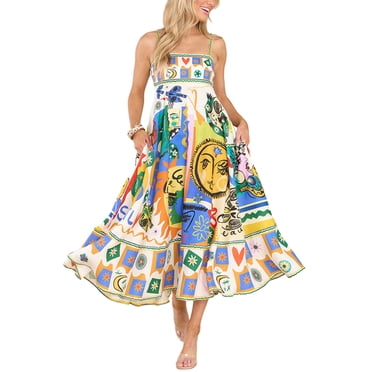 Kmbangi Robe Sans Manches à Bretelles Spaghetti pour Femme, Été, Imprimée, Fluide, Ligne A, Longue, pour Fête, Cocktail, Plage, Mode Urbaine