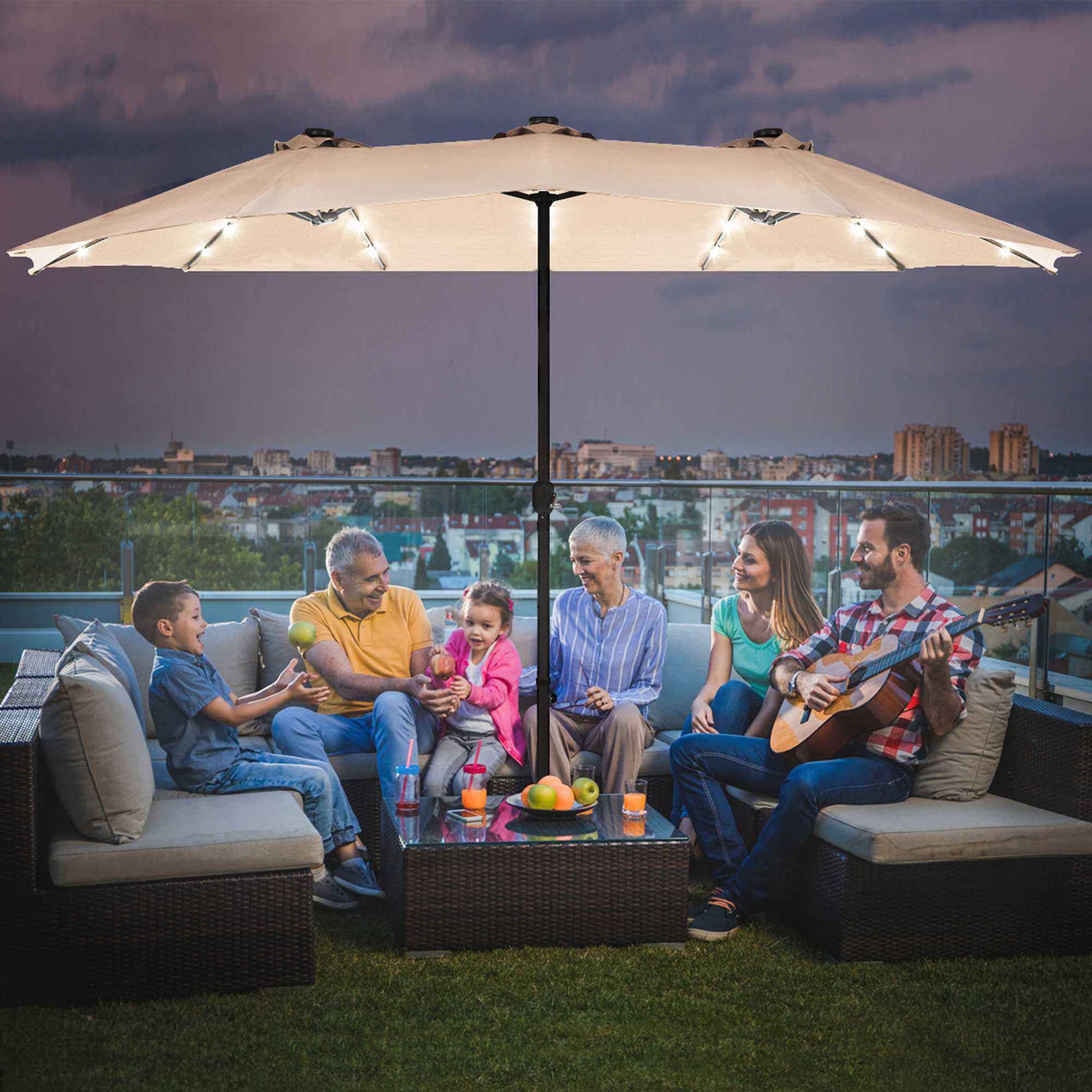 Costway Parasol de Marché à DEL Solaires Double Face de 15 Pi pour Patio, Manivelle, Base, Beige