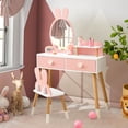 thumbnail image 2 of Gymax Kid Vanity Set Makeup Table Stool with Drawer Shelf Wood Leg Rabbit Mirror Pink, 2 of 10