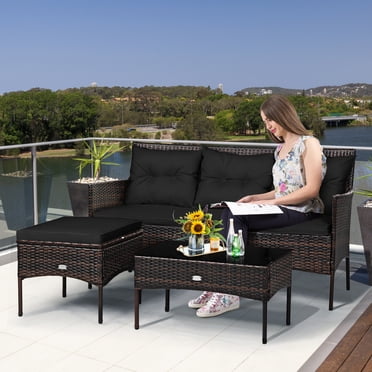 Gymax Set of 3 3-Seat Sofa Cushioned Table Rattan Furniture Set Garden Patio Black
