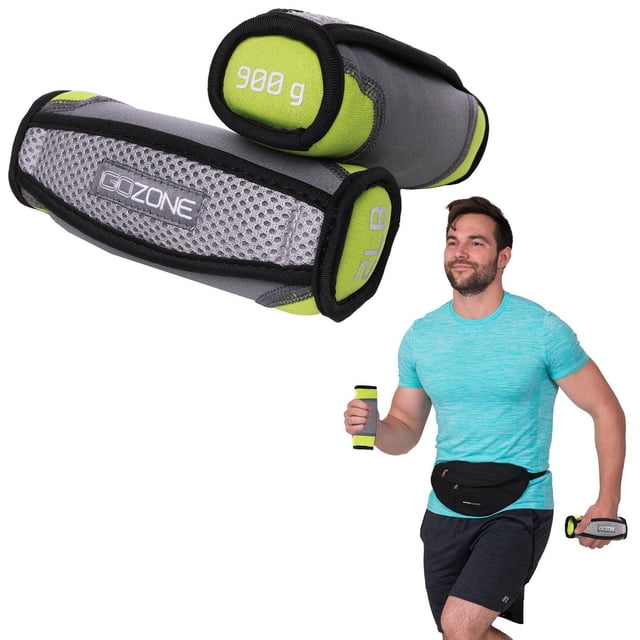 GoZone Walking Dumbbells with soft neoprene and breathable mesh panels, labeled 900 g and 2 lb, shown in close-up and held by a man jogging in athletic clothing. These compact hand weights add resistance to walking or running workouts and help increase aerobic exercise intensity.