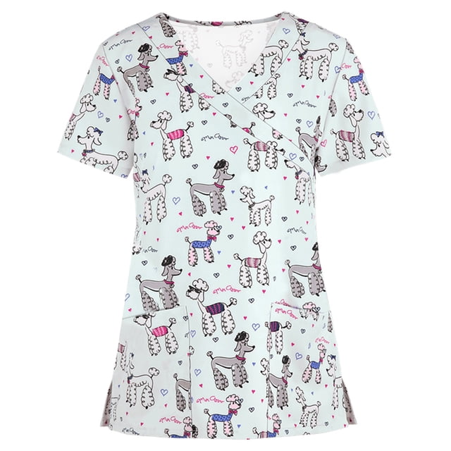 EGNMCR T-Shirts pour Femmes Femmes Manches Courtes Col en V Hauts Uniforme de Travail Blouse à Imprimé