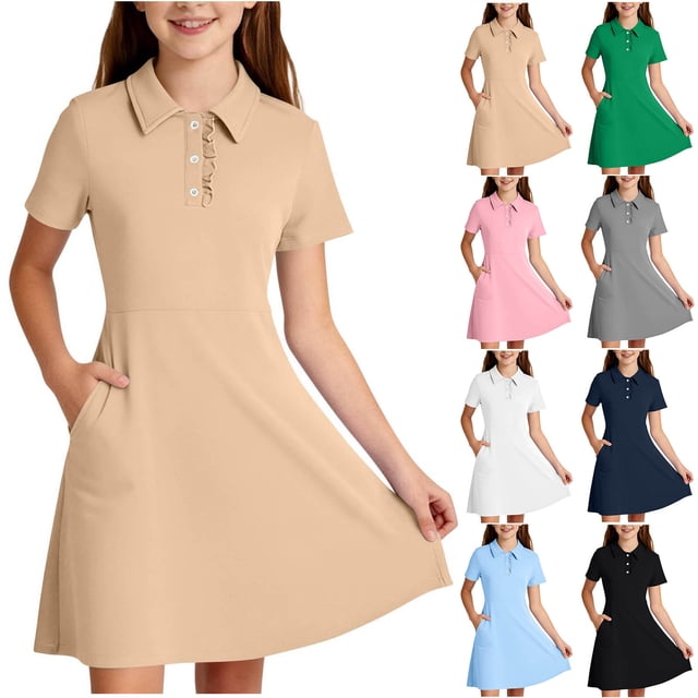 XUNKUSGA Summer Dress 5-15Y Classic Short Sleeve Uniform Girls Dresses Cute Ruffle Collared Button Front A Line Dress Casual Soild Color Golf Dress with Pocket,Brown