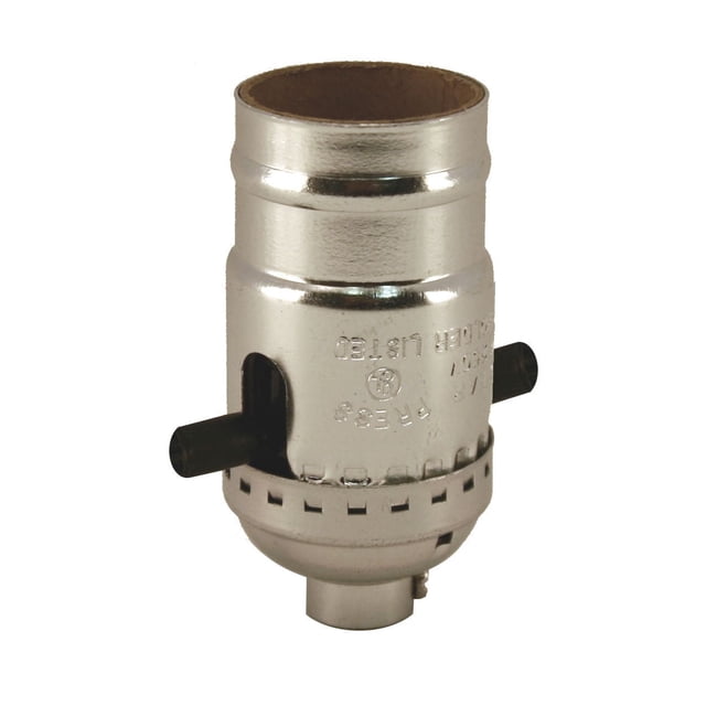 Atron Electro Industries Push Through Socket - Chrome, a cylindrical lamp socket with a chrome finish and medium base, featuring two black push-through knobs, ideal for lamp repair and electrical accessories in home improvement.