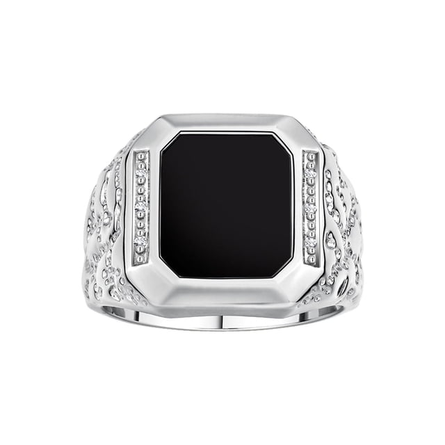 RYLOS Men's Rings 14K White Gold Ring With Diamonds and Black Onyx Set in Designer Nugget Style Rings For Men Size 11
