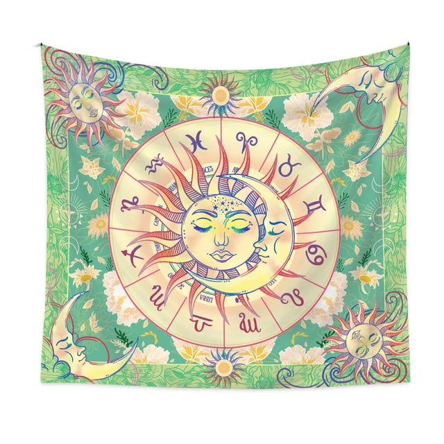 1PCS Home Bohemian Milled Tapestry measuring 130cm x 150cm, featuring a vibrant sun and moon pattern with zodiac symbols and floral accents. Made of 100% polyester, this lightweight and durable tapestry is shown in a green and yellow color scheme. Ideal for wall décor, room backgrounds, or as a versatile decorative piece. Includes mounting accessories: 3 no-trace nails and 2 clips.