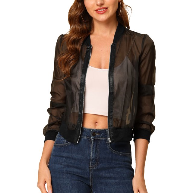 INSPIRE CHIC Women's Long Sleeves Zip Up See Through Lightweight Bomber Jacket XS Black