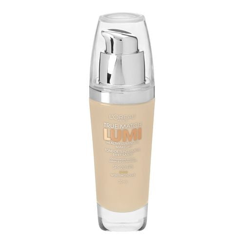 True Match Lumi Foundation, 30 ML, beige liquid foundation in a clear glass bottle with silver pump dispenser and transparent cap, featuring SPF hydration and vitamins C and E for improved skin clarity and tone.